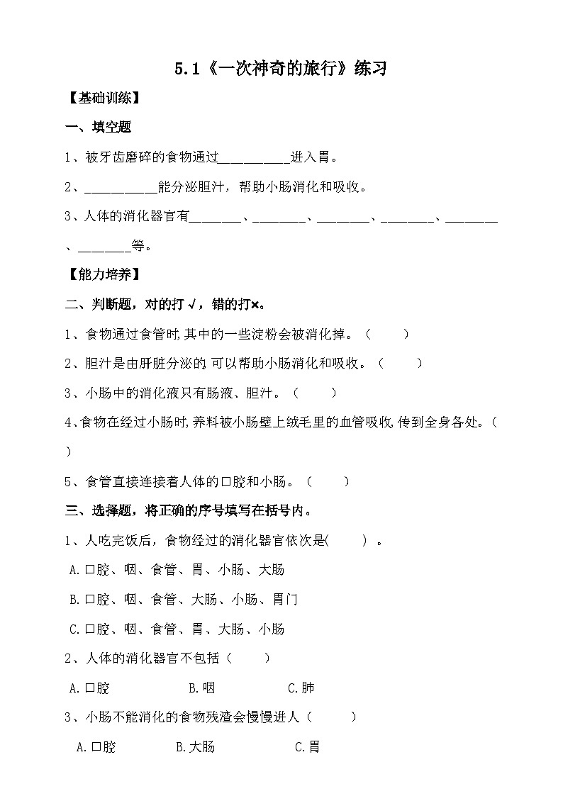 大象版5.1《一次神奇的旅行》练习（含答案）01