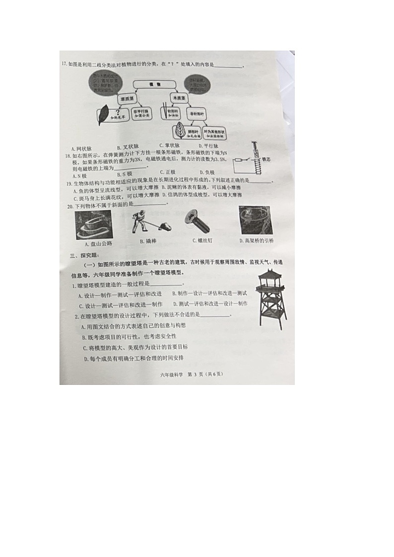 浙江省杭州市余杭区2023-2024学年六年级下学期期末科学试卷03