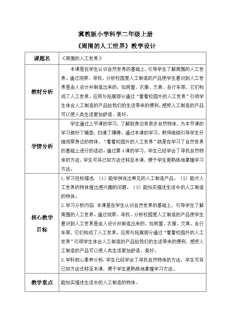 【核心素养】冀教版小学科学二年级上册     5.周围的人工世界    课件ppt+ 教案01