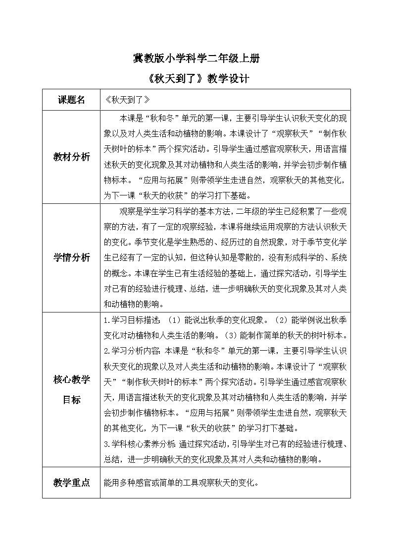 【核心素养】冀教版小学科学二年级上册     7.秋天到了    课件ppt+ 教案01