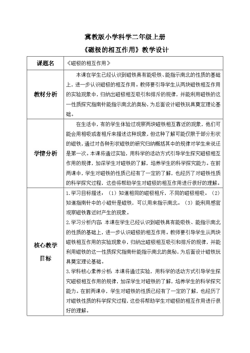 【核心素养】冀教版小学科学二年级上册     12.磁极的相互作用   课件ppt+ 教案01