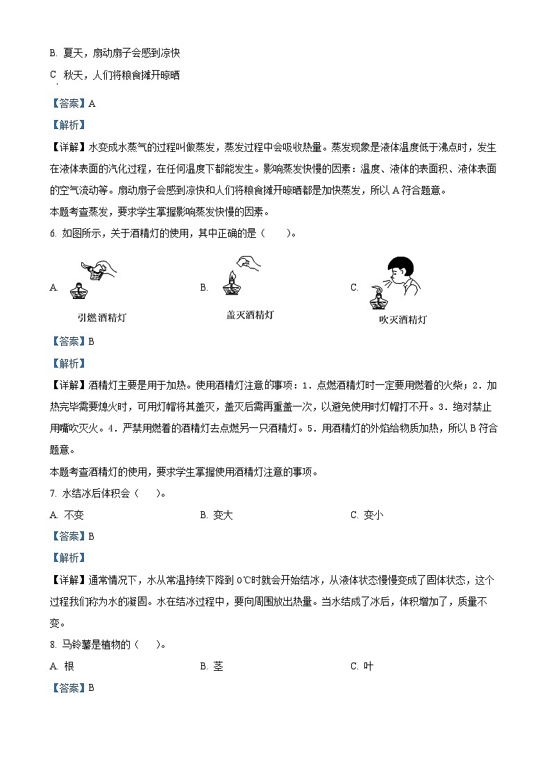 湖南省株洲市茶陵县2023-2024学年湘科版三年级下册期末考试科学试卷（原卷版+解析版）02