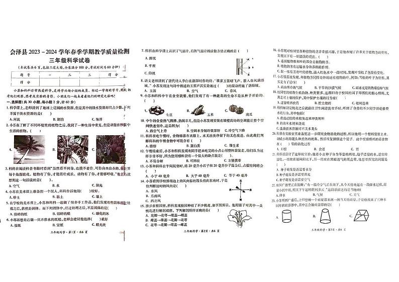 云南省曲靖市会泽县2023-2024学年三年级下学期期末考试科学试题01