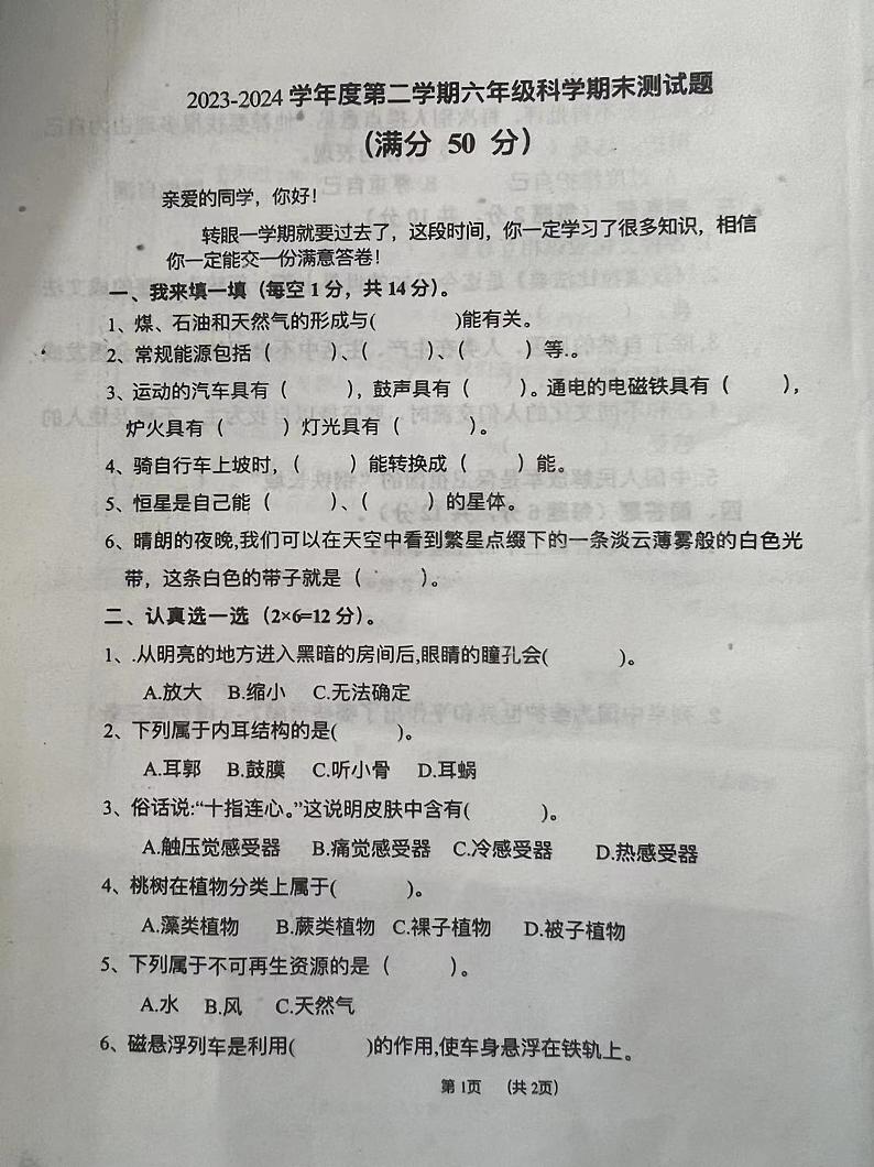 山东省聊城市东昌府区2023-2024学年六年级下学期期末考试科学试题01