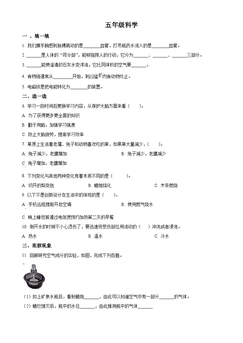 山东省临沂市2023-2024学年青岛版五年级下册期末考试科学试卷（原卷版+解析版）01