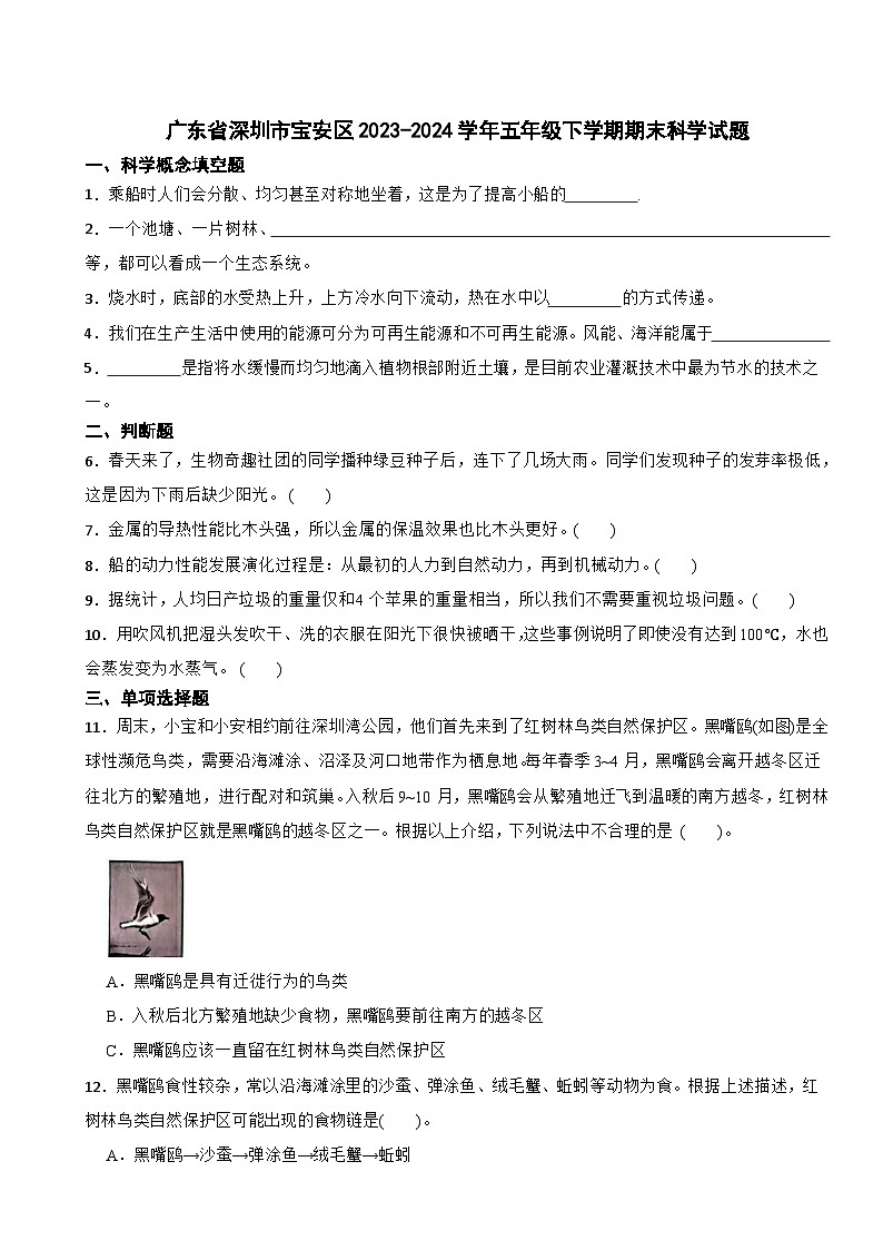 广东省深圳市宝安区2023-2024学年五年级下学期期末科学试题01