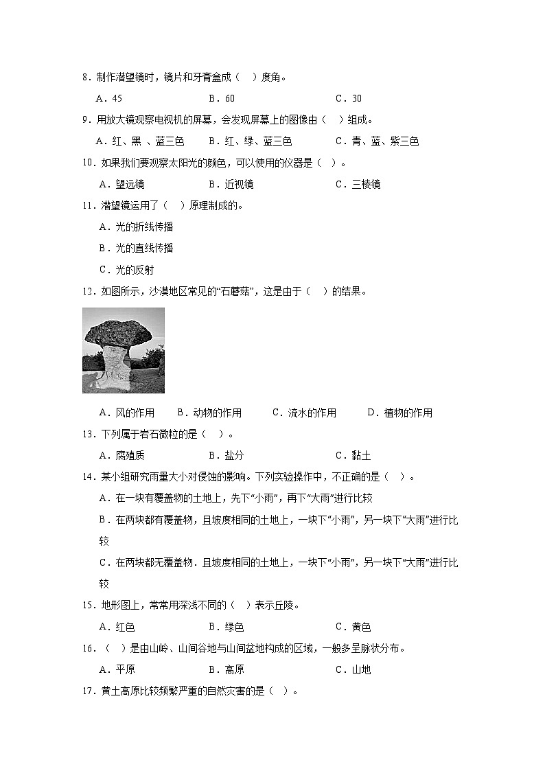 期中检测卷A（期中测试）-2024-2025学年五年级上册科学教科版第2页