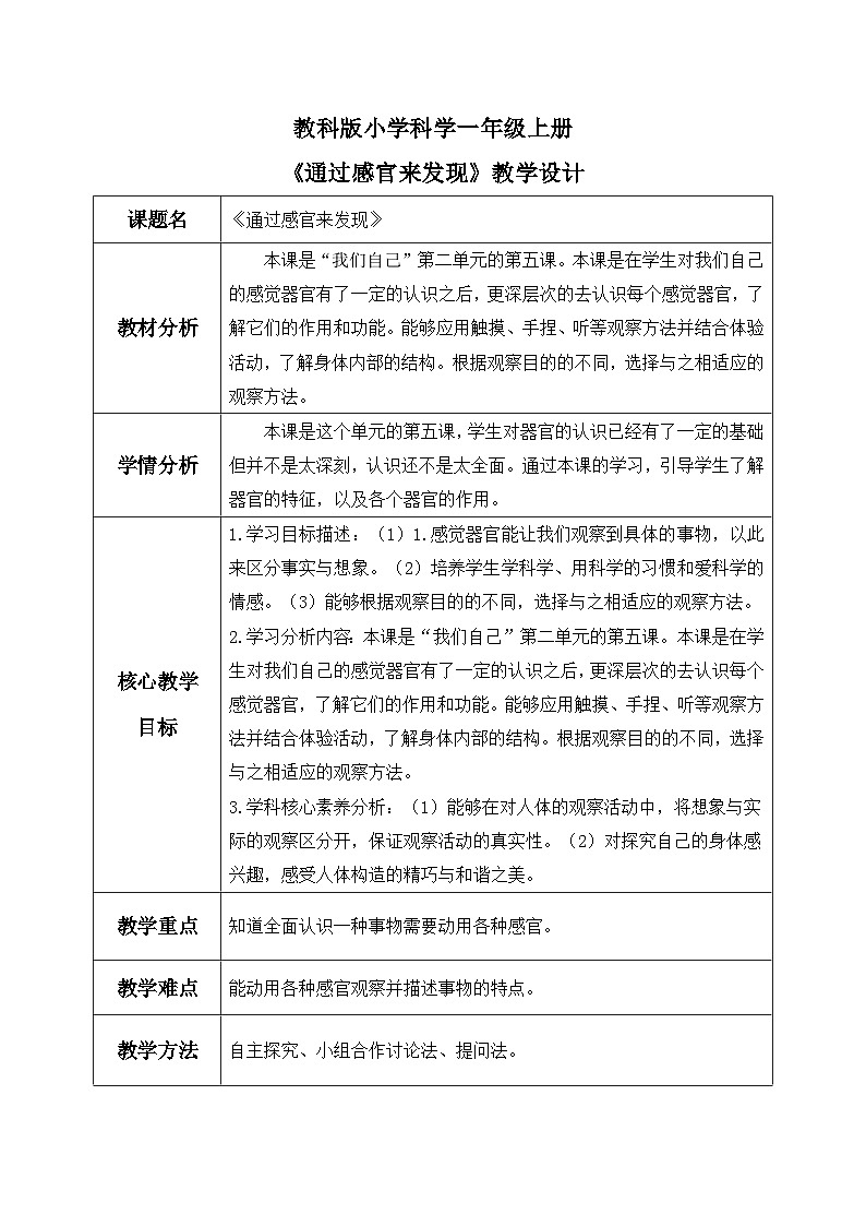 【核心素养】教科版小学科学一年级上册     5.通过感官来发现   课件ppt+ 教案01