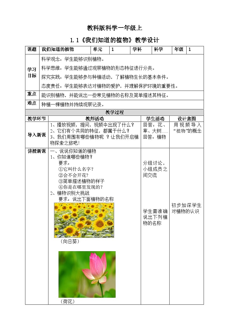 【核心素养】教科版小学科学一上 1.1《我们知道的植物》课件+教案+练习（含答案）01