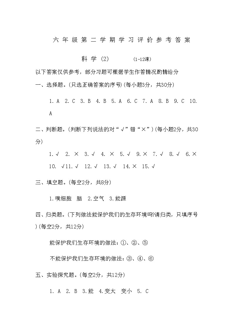 山东省济宁市金乡县2023-2024学年六年级下册期中科学试卷01
