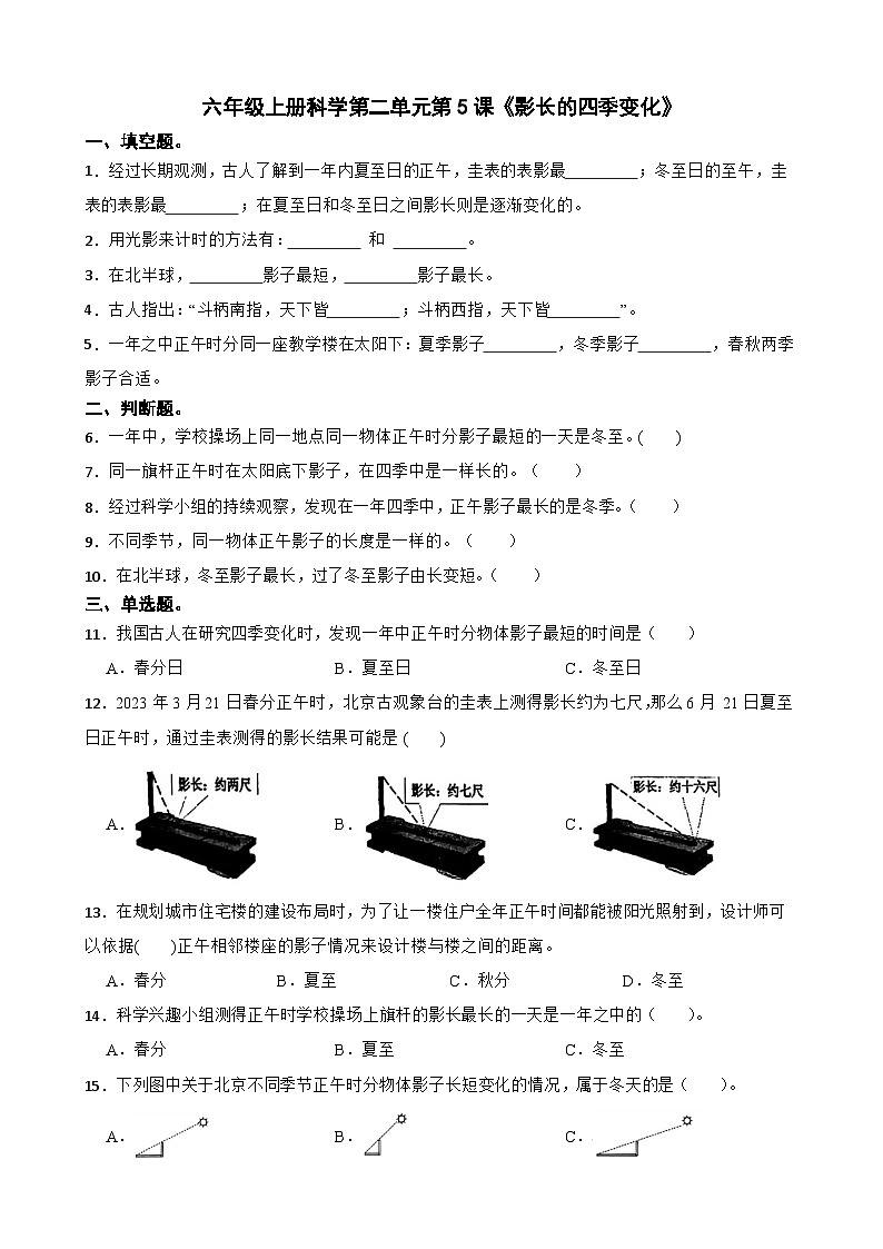 第二单元第5课《影长的四季变化》同步练习-2024-2025学年六年级上册科学（教科版）01