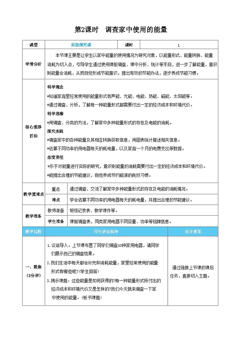 【核心素养】教科版科学六上第2课时  调查家中使用的能量（教案）第1页