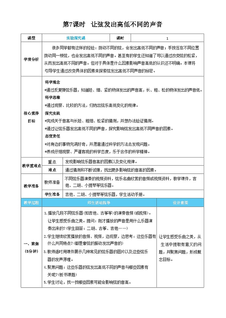 【核心素养】教科版科学四上第7课时 让弦发出高低不同的声音（教案）01