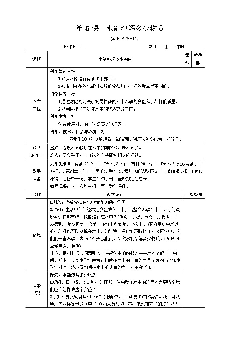 教科版小学三年级上册科学第一单元水第5课水能溶解多少物质[教案]01