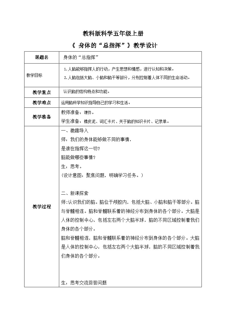 4.4身体的“总指挥”（课件+教案+练习）2024科学五上01