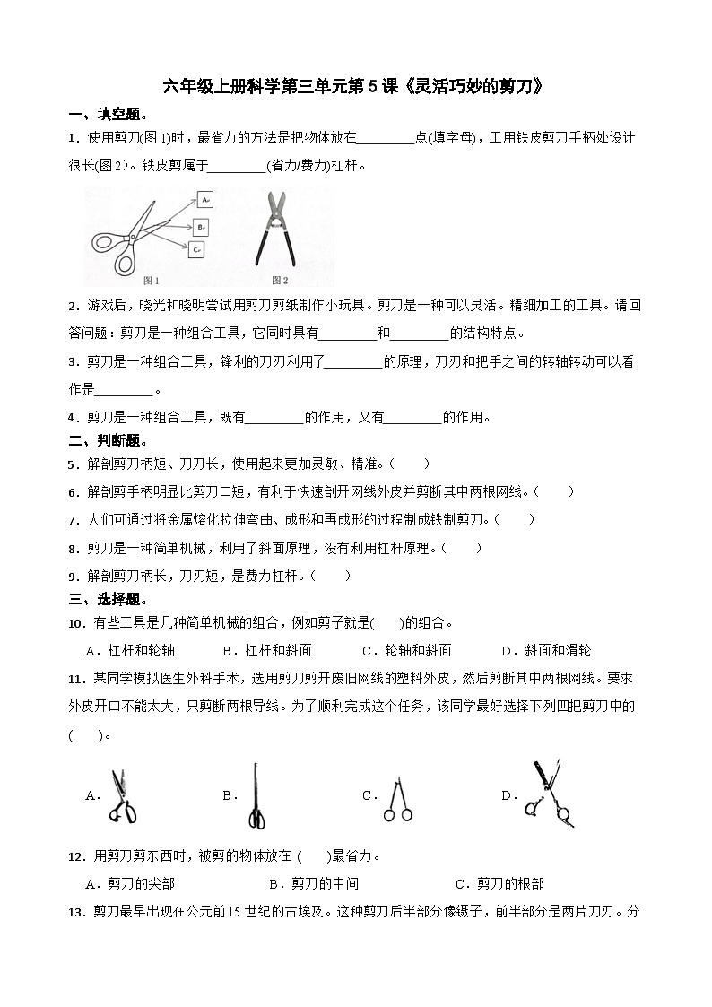 第三单元第5课《灵活巧妙的剪刀》同步练习-2024-2025学年六年级上册科学（教科版）01