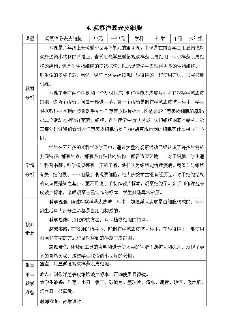 【新课标】教科版科学六上1.4《观察洋葱表皮细胞》教案（含反思）第1页