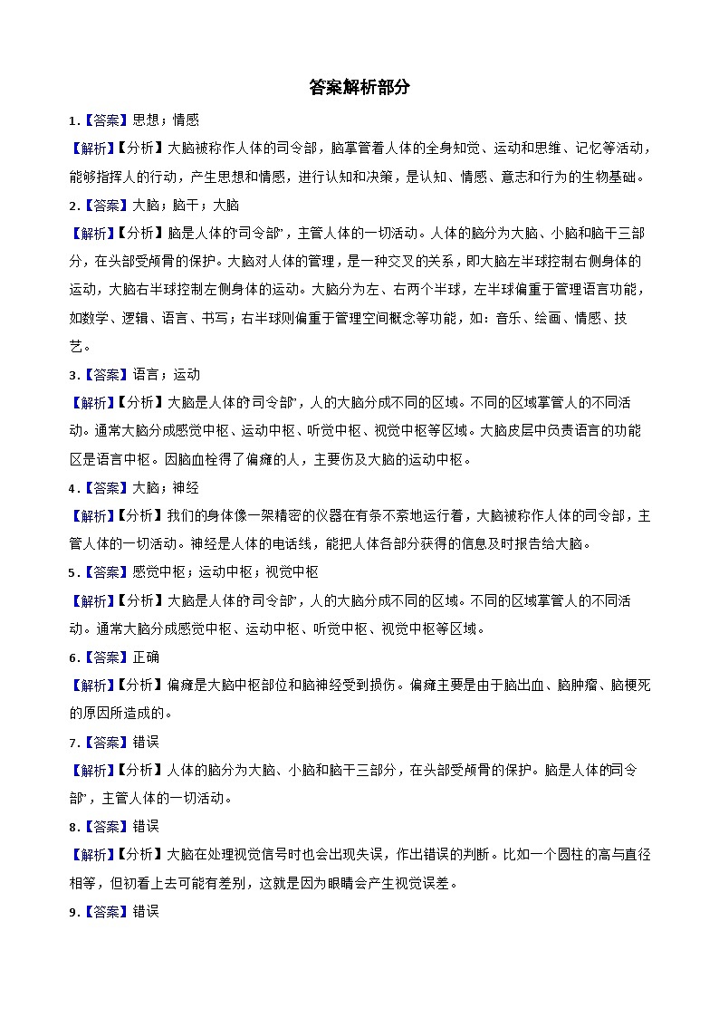 第四单元第4课《身体的“总指挥”》同步练习-2024-2025学年五年级上册科学（教科版）03