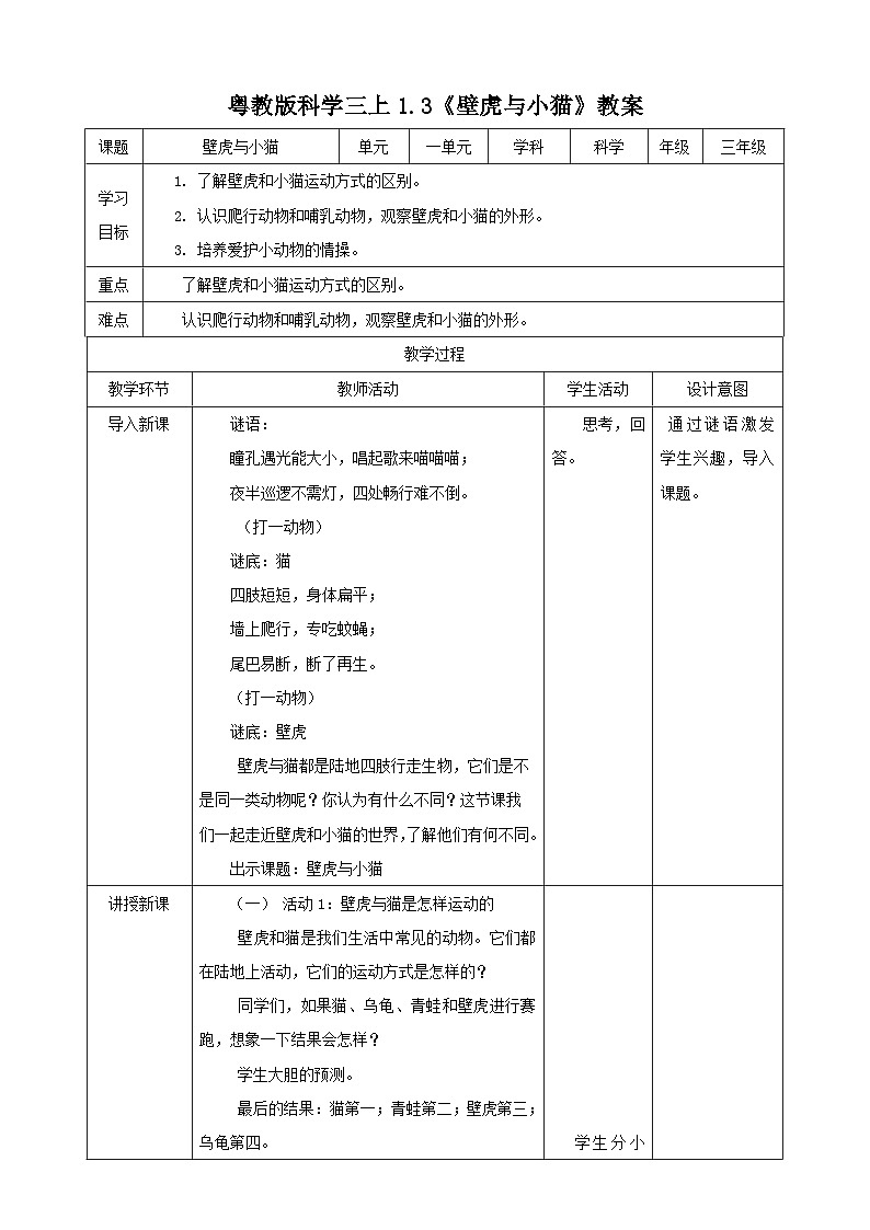 粤教粤科版（2017）科学三年级上册1.3《壁虎与小猫》课件+教案+练习01