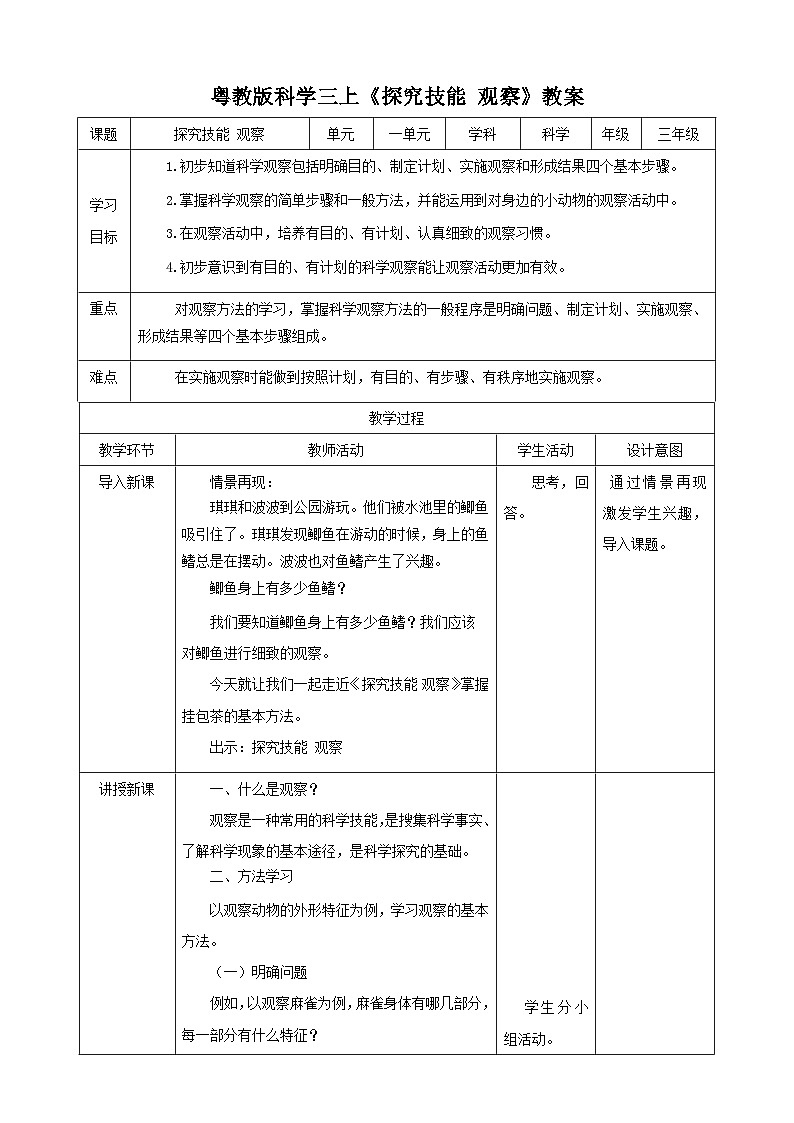 粤教粤科版（2017）科学三年级上册《探究技能 观察》课件+教案+练习01