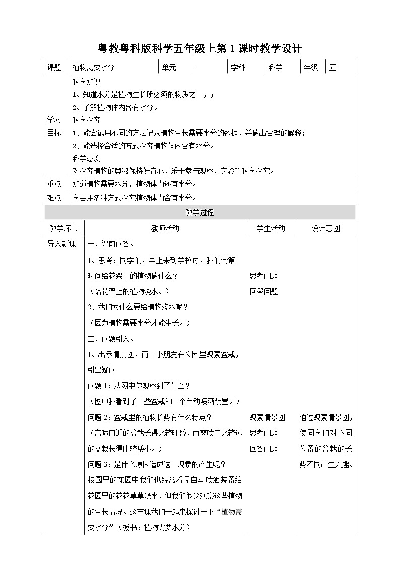 粤教粤科版（2017）科学五年级上册1.1《植物需要水分》课件+教案+练习01
