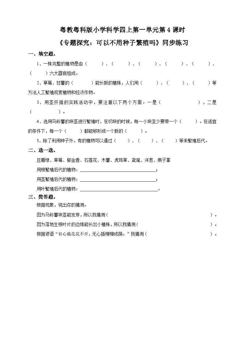 粤教粤科版（2017）科学四年级上册1.4《专题探究：可以不用种子繁殖吗》课件+教案+练习01