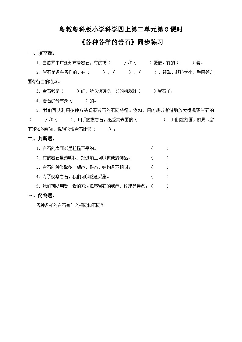粤教粤科版（2017）科学四年级上册2.8《各种各样的岩石》课件+教案+练习01