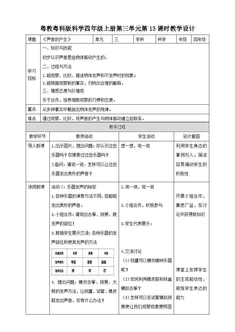 粤教粤科版（2017）科学四年级上册3.13《声音的产生》课件+教案+练习01