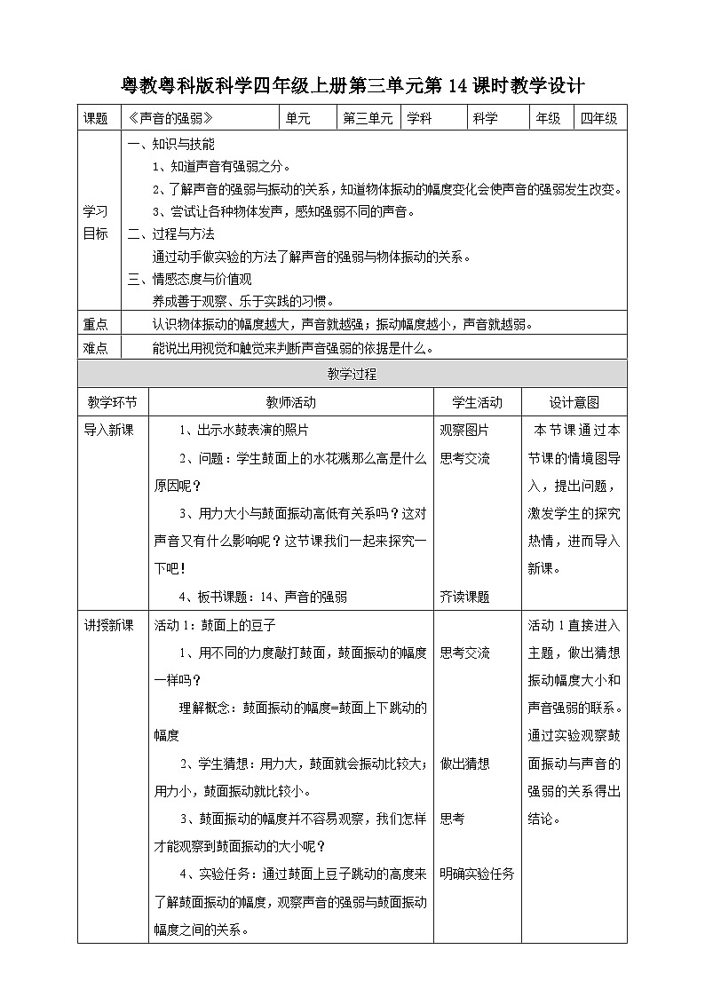 粤教粤科版（2017）科学四年级上册3.14《声音的强弱》课件+教案+练习01