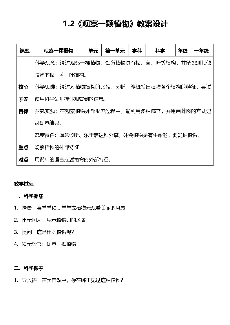 【新课标】教科版科学一上1.2 《观察一颗植物 》课件+教案01