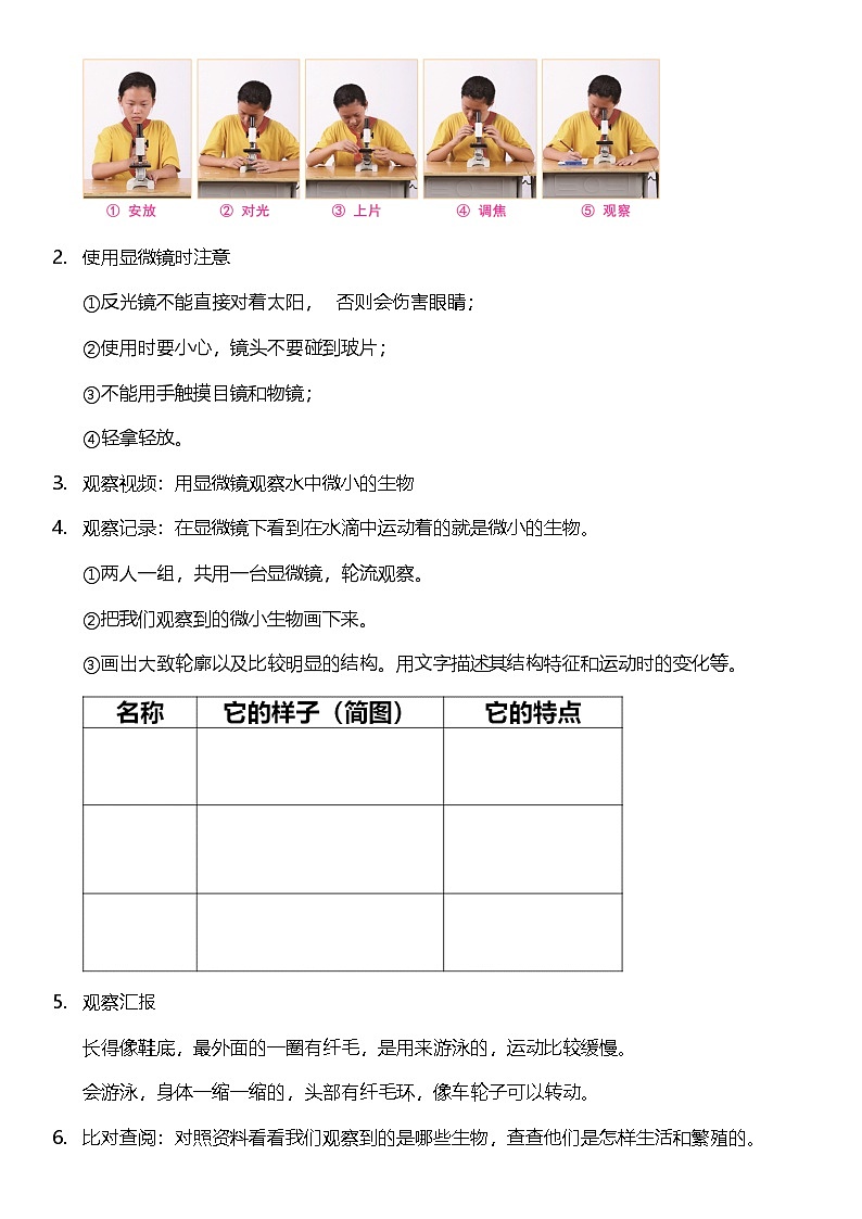 教科版科学六年级上册1.6 《观察水中微小的生物》 教案设计第3页