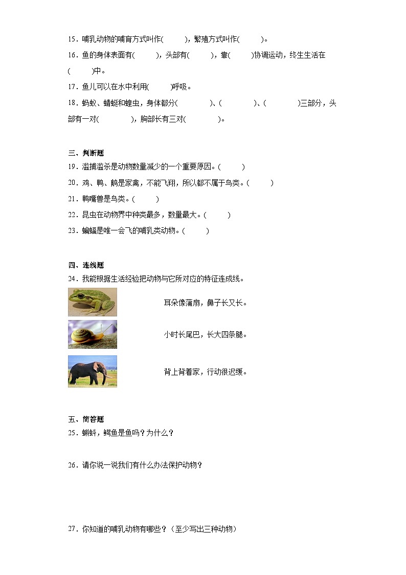 2024年秋湘科版三年级上册 科学第二单元各种各样的动物综合训练（含答案）02