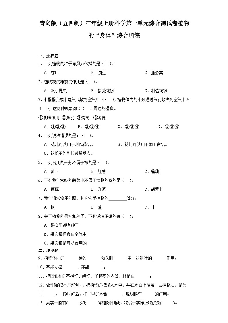 2024秋青岛版（五四制）三年级上册科学第一单元综合测试卷《植物的“身体”》综合训练（含答案）01