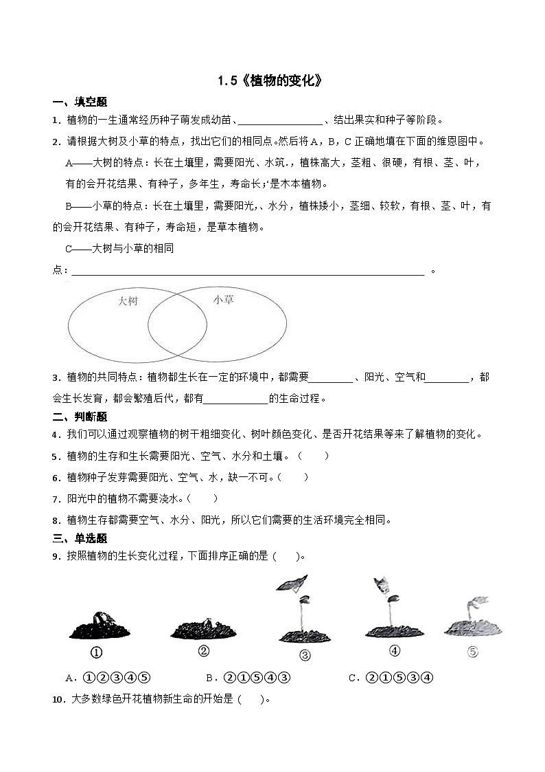 2024年新版教科版一年级上册课时练1.5《植物的变化》01