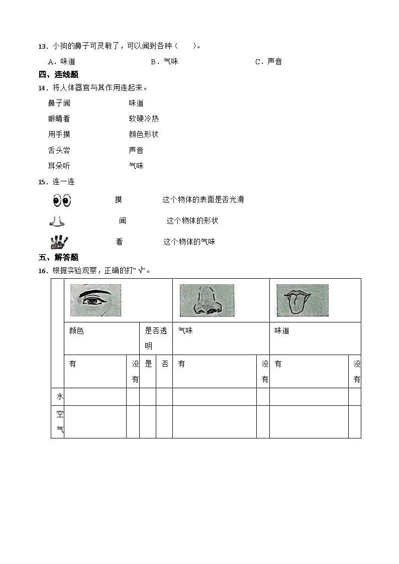 2024年新版教科版一年级上册课时练2.4《气味告诉我们》02