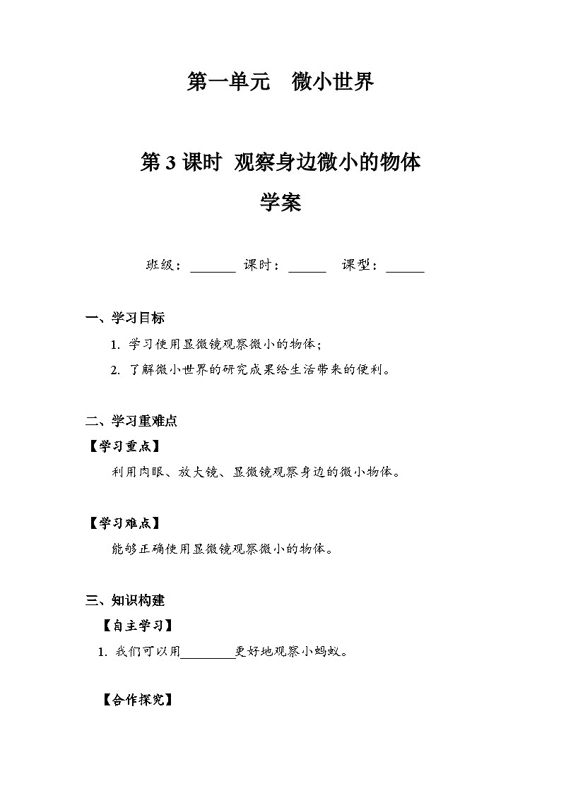 六年级上学期科学6.1.3观察身边微小的物体学案01