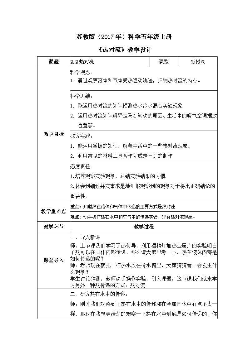 【核心素养】苏教版科学五年级上册 2.6 热对流（教学设计）第1页