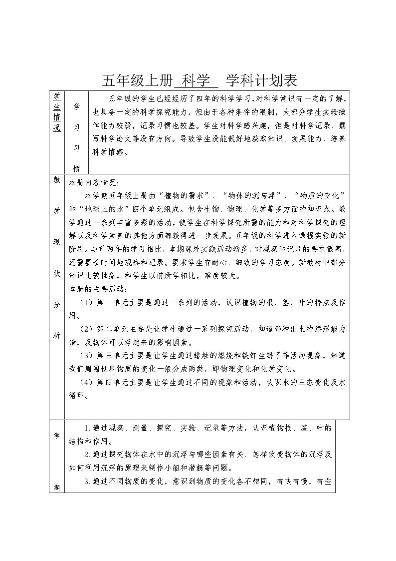 粤教版五年级科学上册 学科教学计划表（表格式）第1页