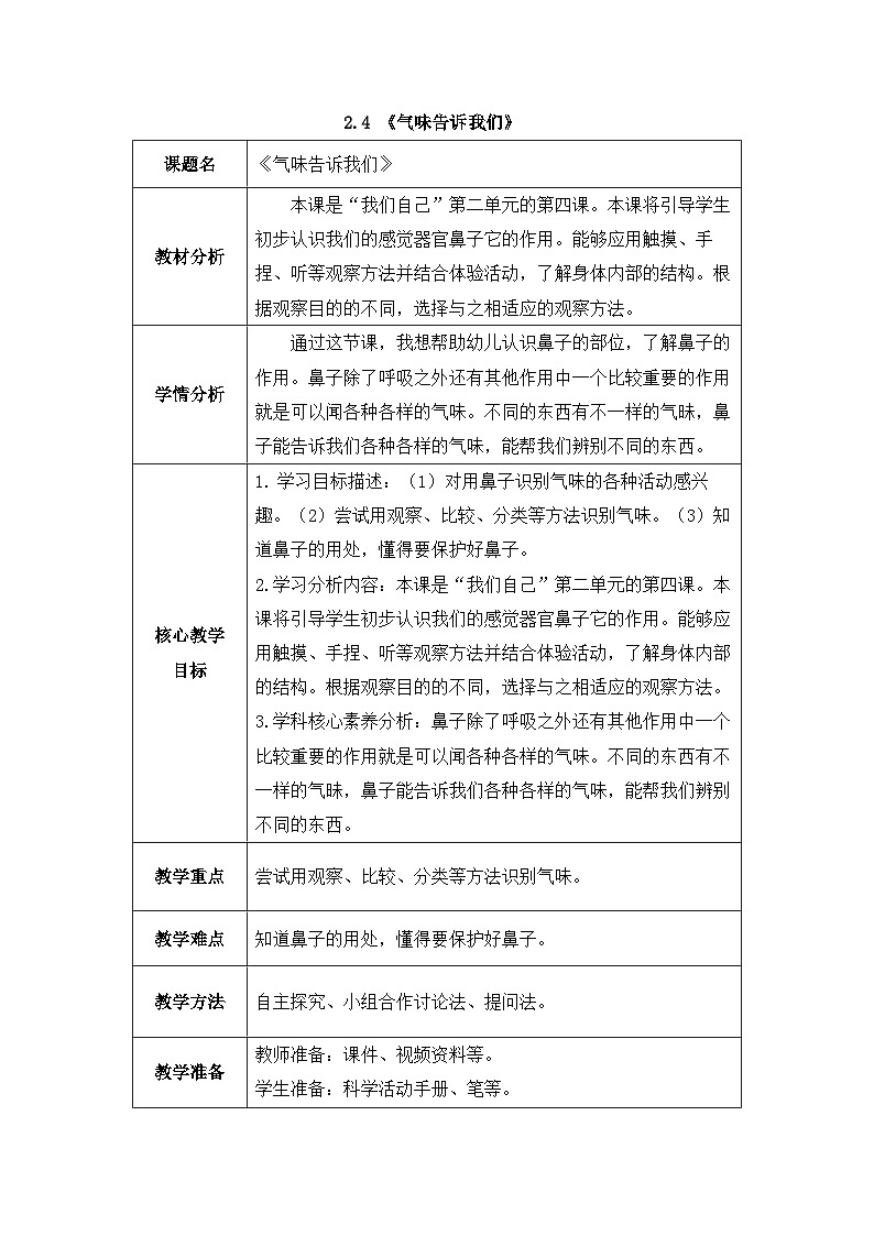 2024新教科版一年级科学上册第二单元2.4《气味告诉我们》教案第1页