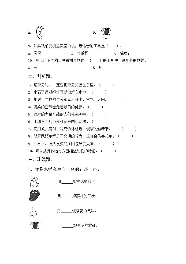 期中考试卷（试题）2023-2024学年一年级下册科学青岛版02