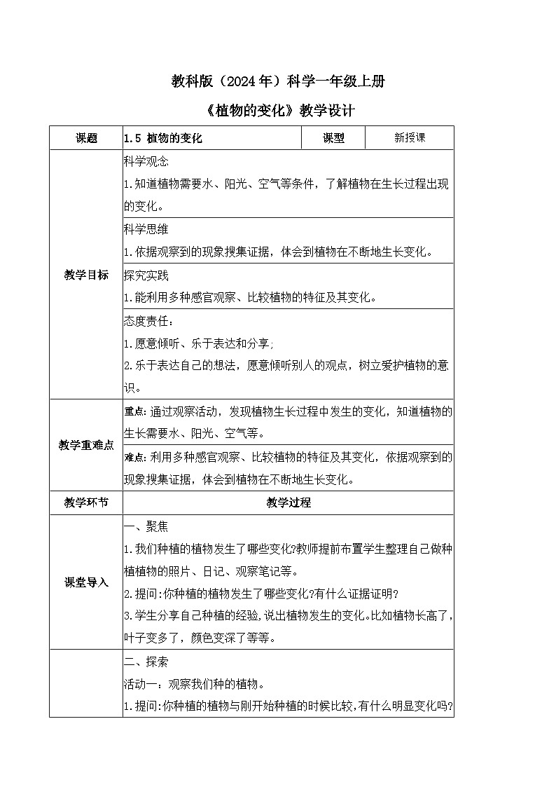 【核心素养】教科版科学一年级上册 1.5 植物的变化（教学课件+同步教案）01