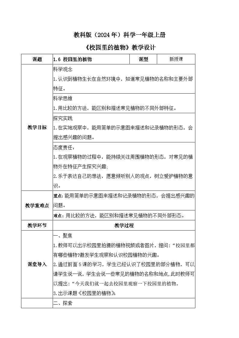【核心素养】教科版科学一年级上册 1.6 校园里的植物（教学课件+同步教案）01