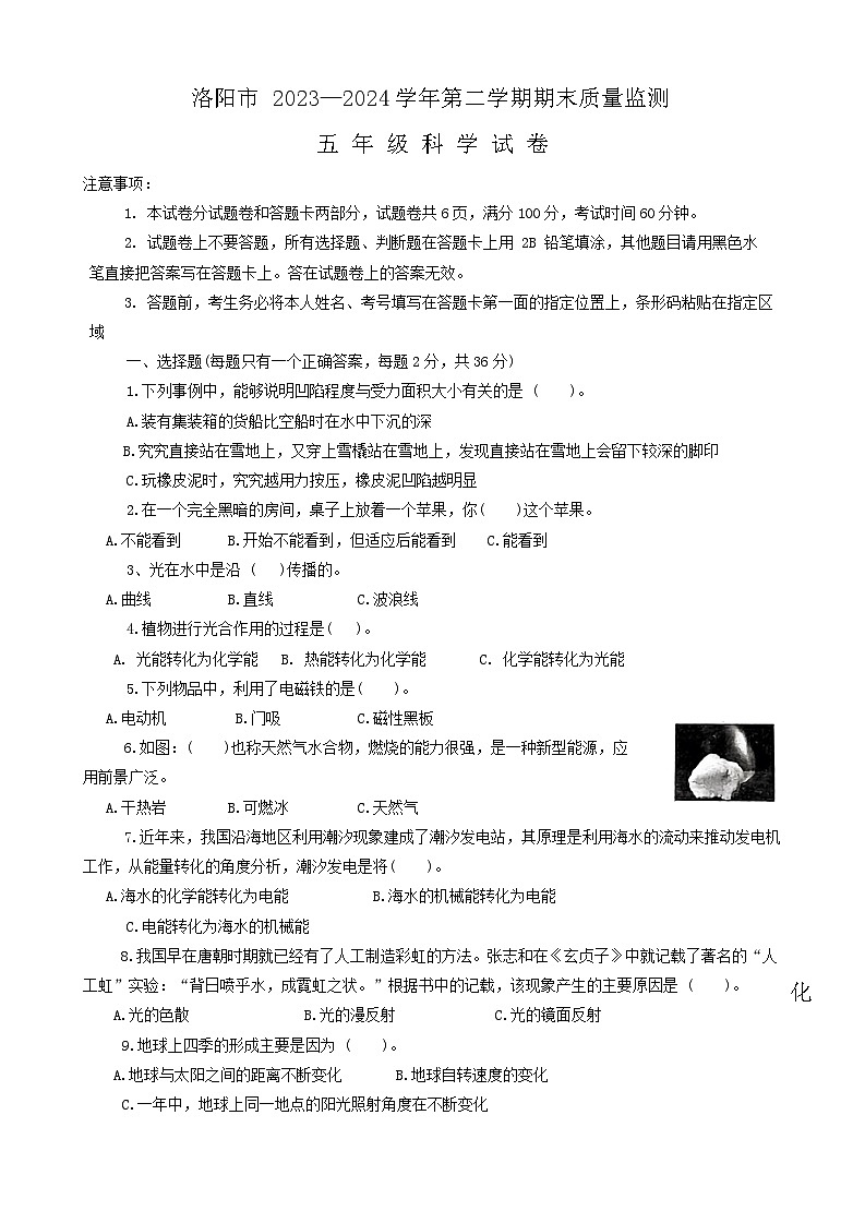 河南省洛阳市2023-2024学年五年级下学期期末科学试题第1页