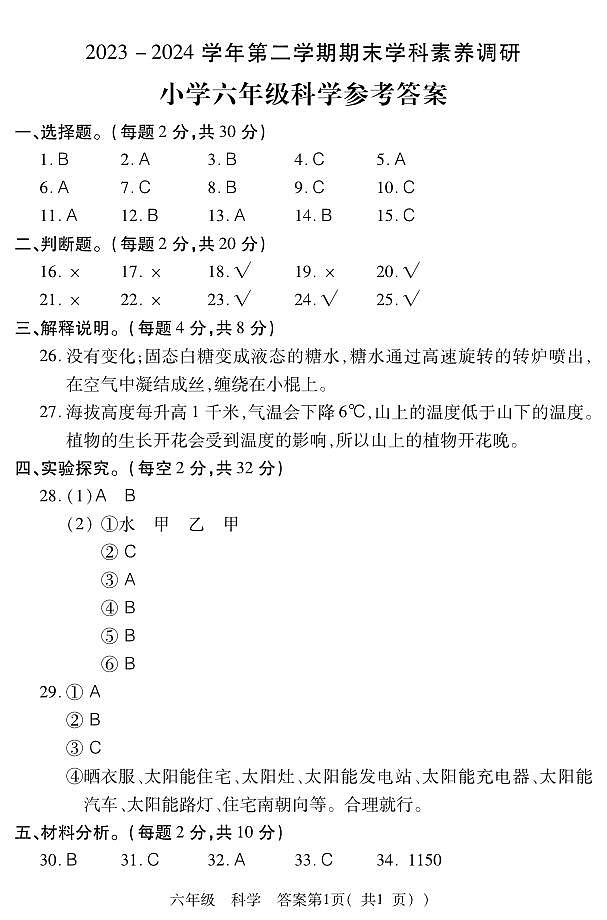 河南省洛阳市洛龙区2023-2024学年六年级下学期期末学科素养调研科学试题01