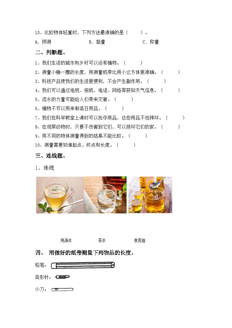 期末考试模拟试卷（试题）2023-2024学年一年级下册科学湘教版02