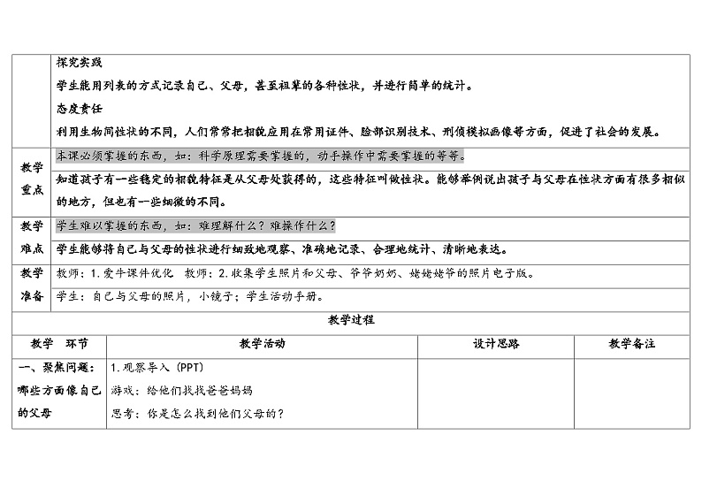 5.孩子与父母 （教学设计） 2024-2025学年五年级上册科学人教鄂教版02