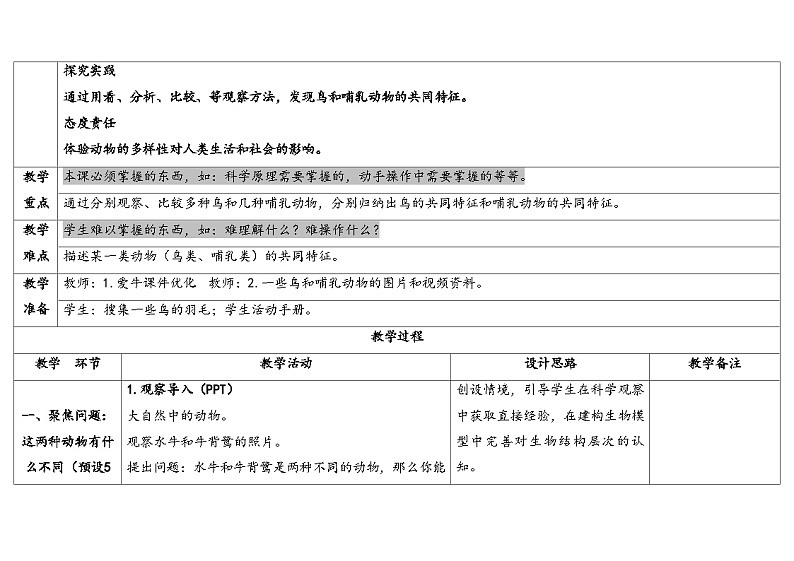 1.鸟和哺乳动物 （教学设计） 2024-2025学年四年级上册科学人教鄂教版02