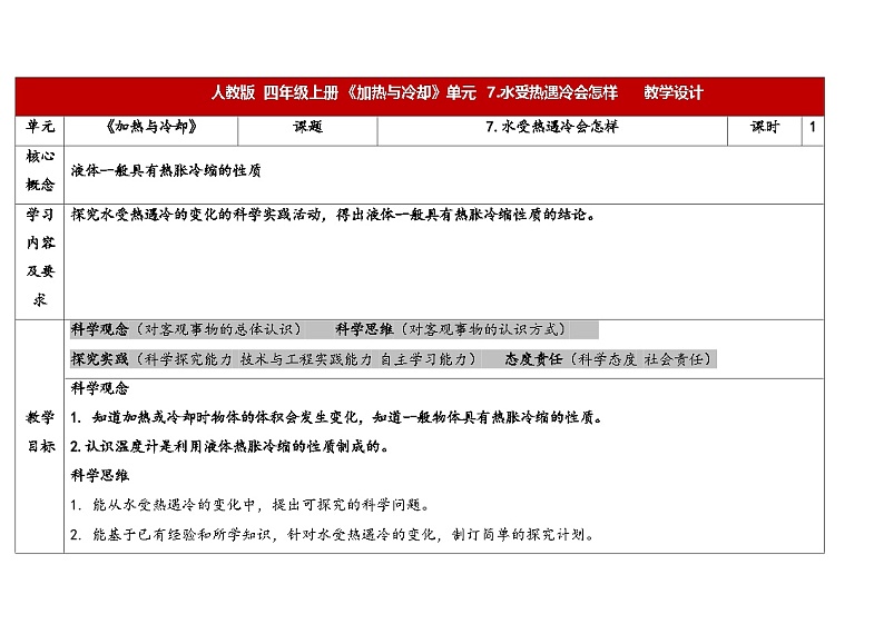 7.水受热遇冷会怎样 （教学设计） 2024-2025学年四年级上册科学人教鄂教版01