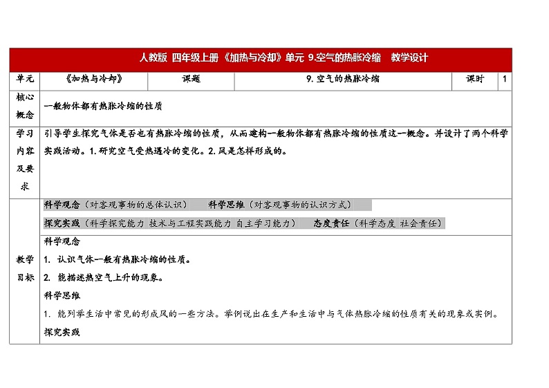9.空气的热胀冷缩 （教学设计） 2024-2025学年四年级上册科学人教鄂教版01