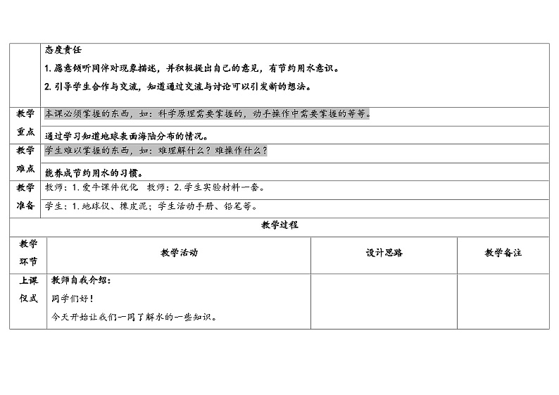 10.水的分布 （教学设计） 2024-2025学年四年级上册科学人教鄂教版02